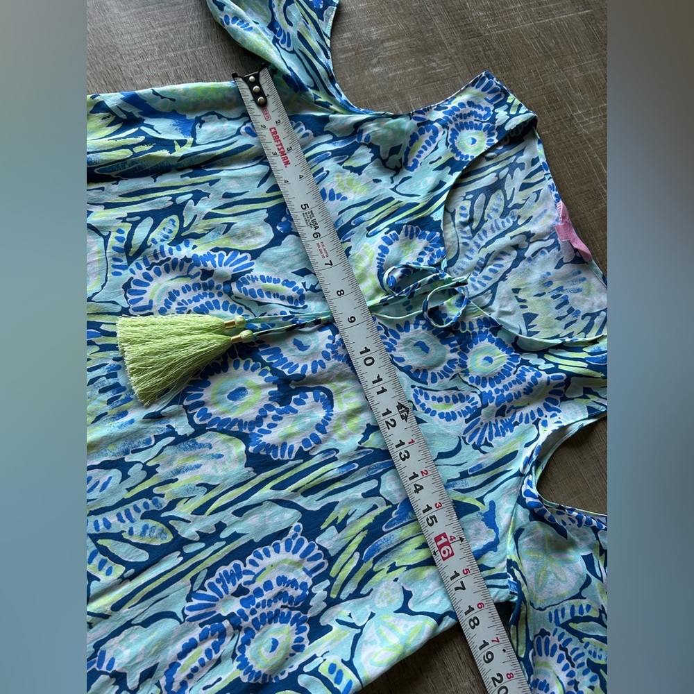 Lilly Pulitzer Cold Shoulder Dress Sz Small Tasseled Airy Blue Green EUC - Picture 9 of 12